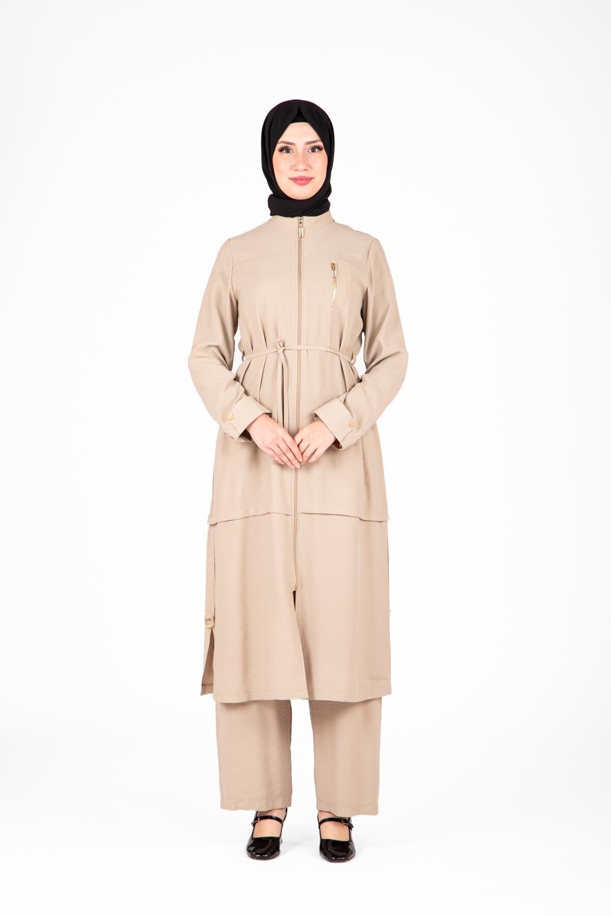 Two-Piece Ring Accessory Detail Modest Set - Beige - Beyza
