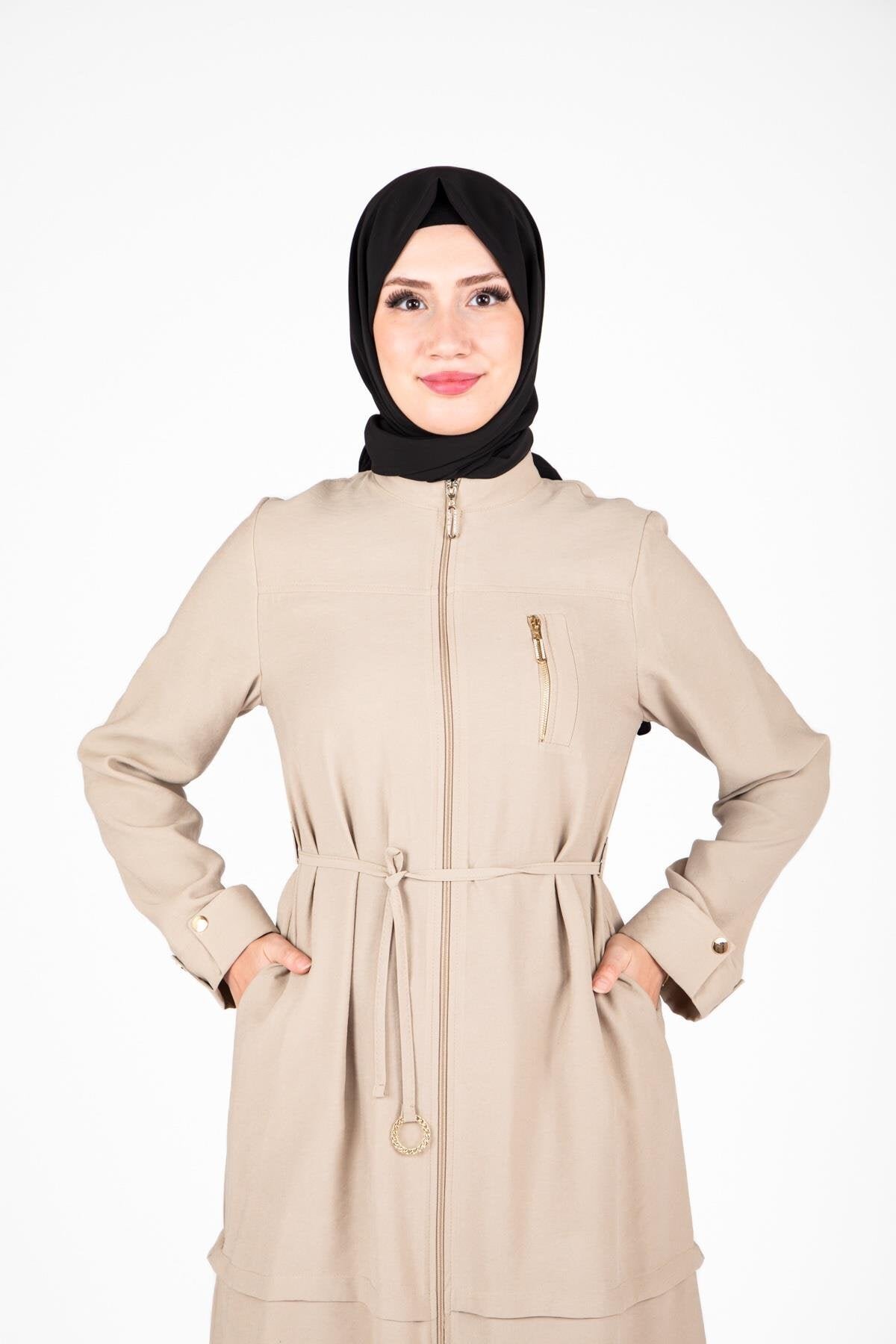 Two-Piece Ring Accessory Detail Modest Set - Beige - Beyza