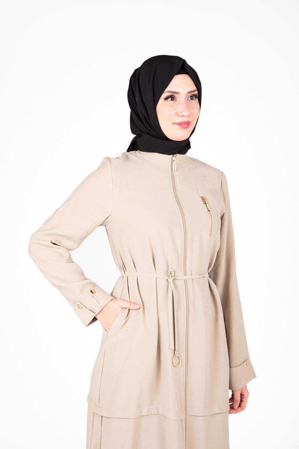 Two-Piece Ring Accessory Detail Modest Set - Beige - Beyza
