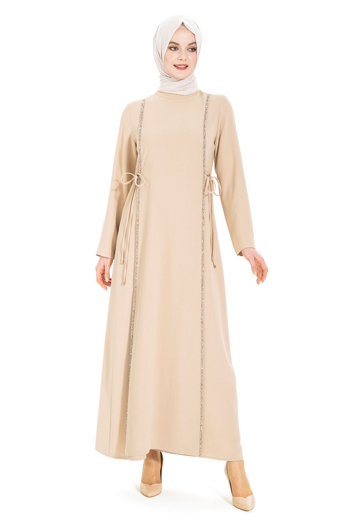 Aydan Stone-Trim Modest Evening Dress - Beige - Beyza