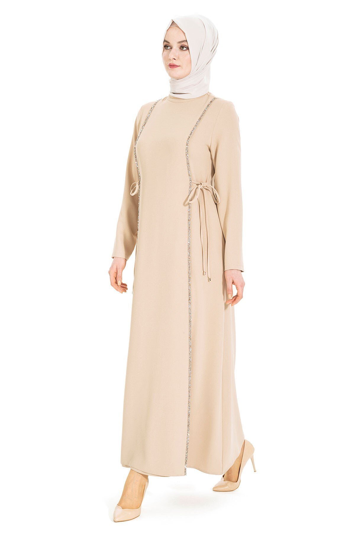Aydan Stone-Trim Modest Evening Dress - Beige - Beyza
