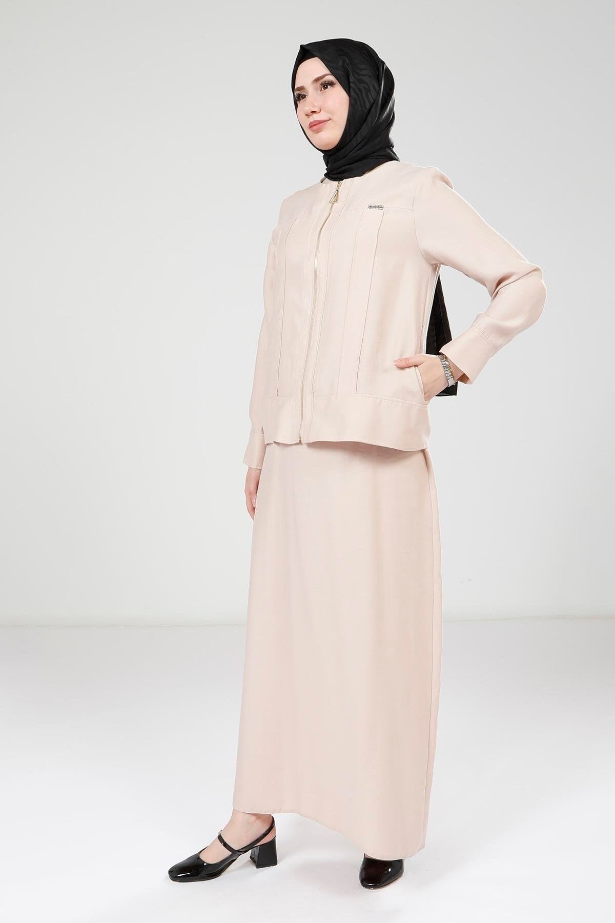 Jacket Detail Modest Dress - Beige - Beyza