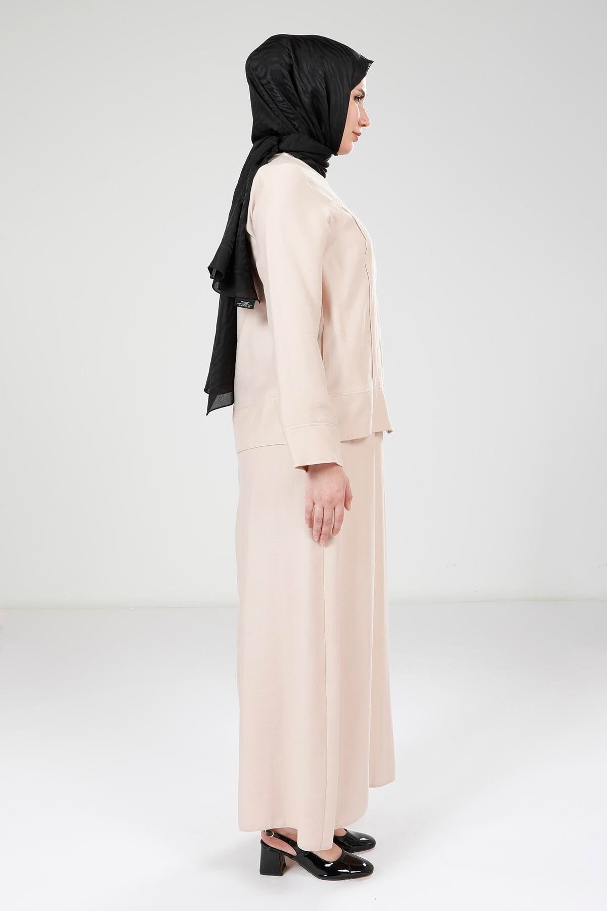Jacket Detail Modest Dress - Beige - Beyza
