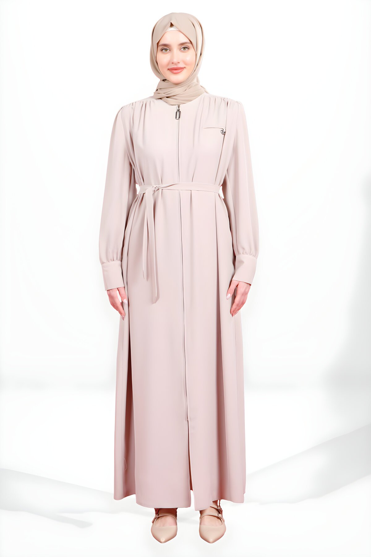 Bej Fermuarlı Seyyar Kuşaklı Ferace - Beyza