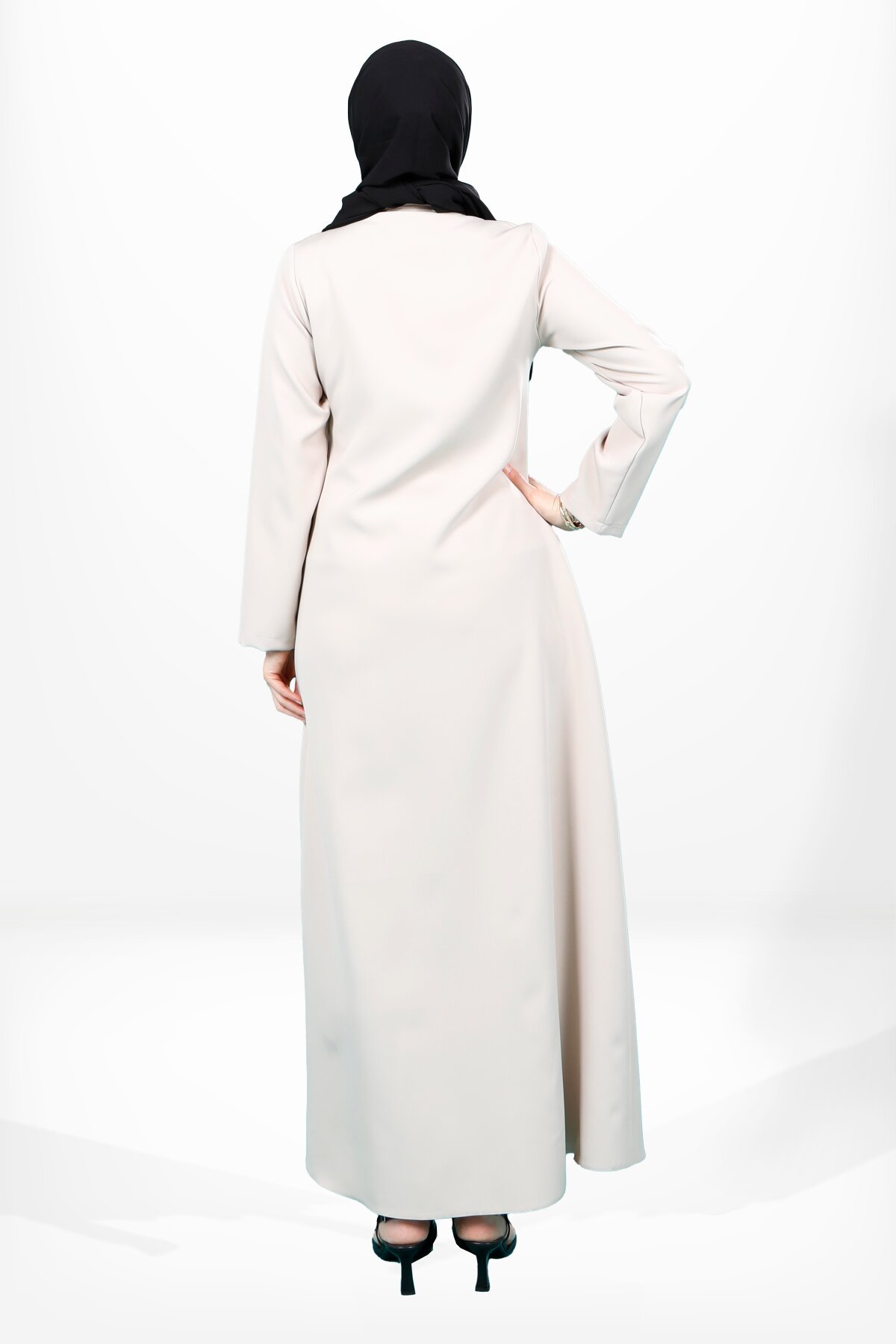 Side-Pleated Pocket Detail Zipped Abaya - Beige - Beyza