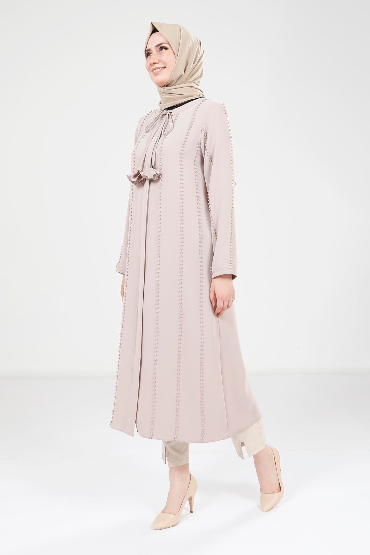 Ready-to-Wear Long Pearl-Detail Coat - Beige - Beyza