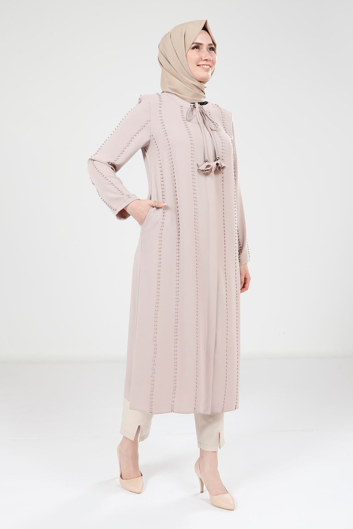 Ready-to-Wear Long Pearl-Detail Coat - Beige - Beyza