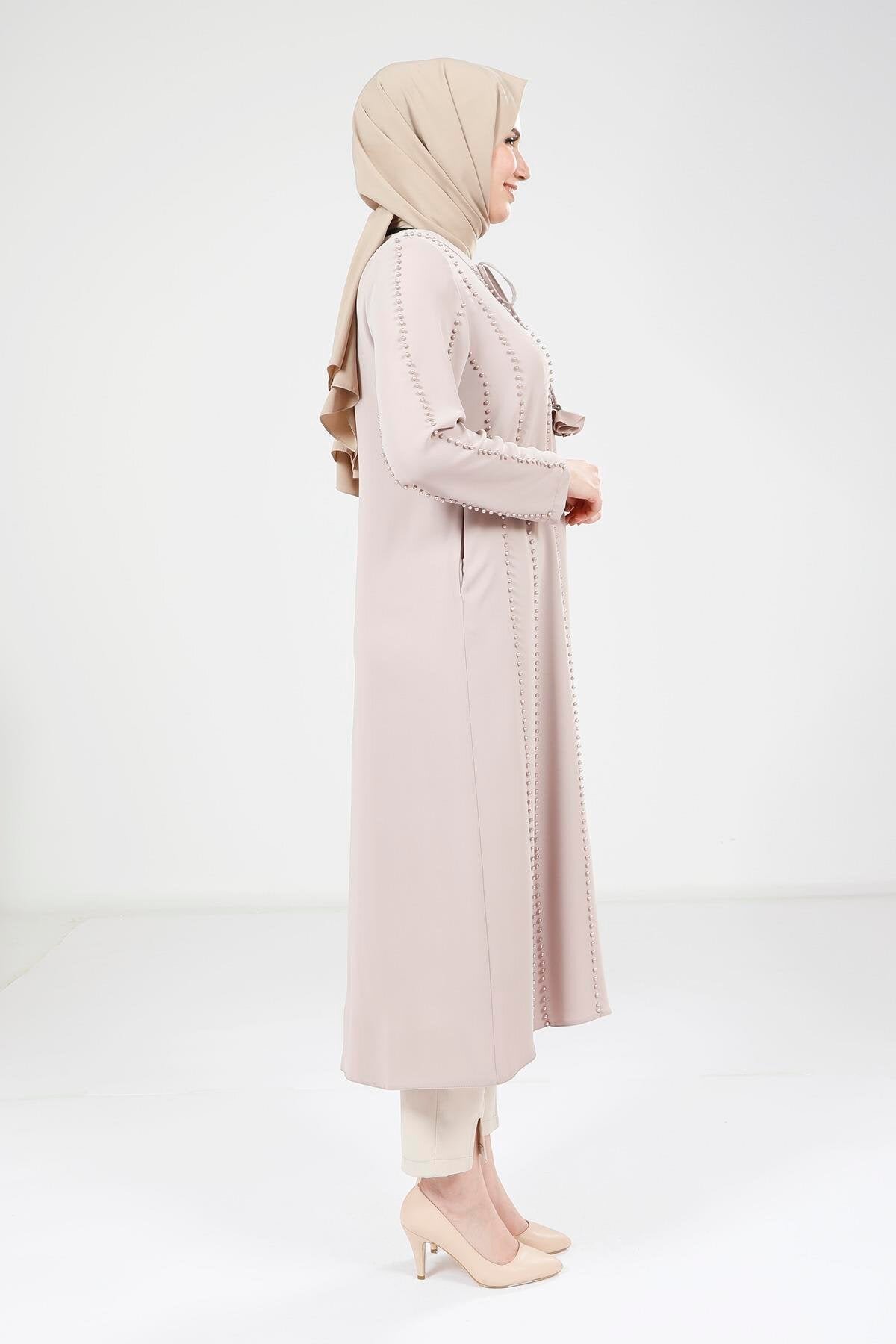 Ready-to-Wear Long Pearl-Detail Coat - Beige - Beyza