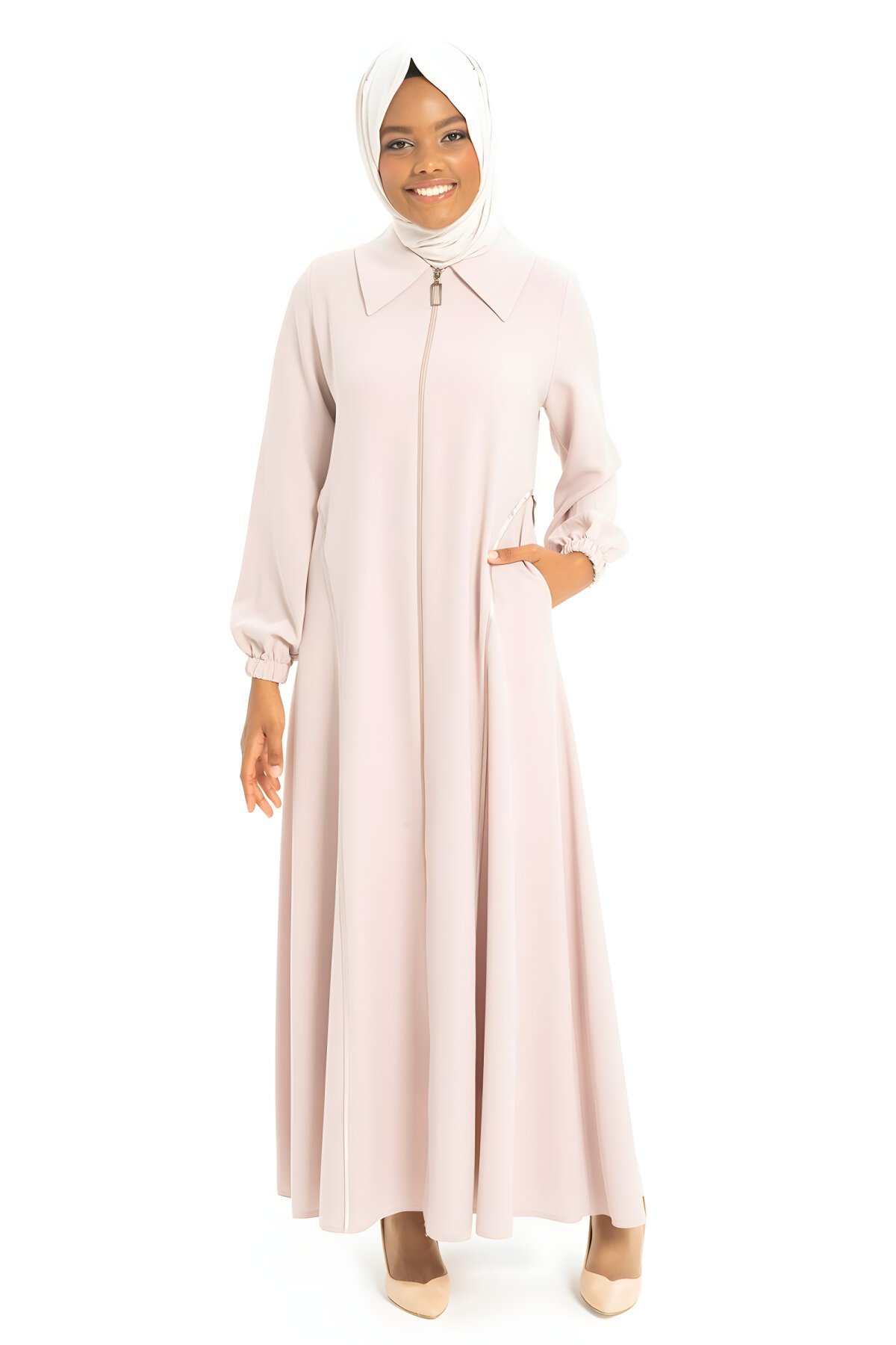 Bej Gömlek Yakalı Belden Biyeli Ferace - Beyza