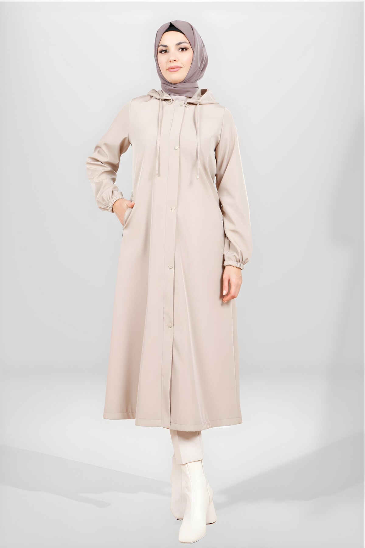 Bej Kapüşonlu Çıtçıt Düğmeli Yağmurluk Trençkot - Beyza