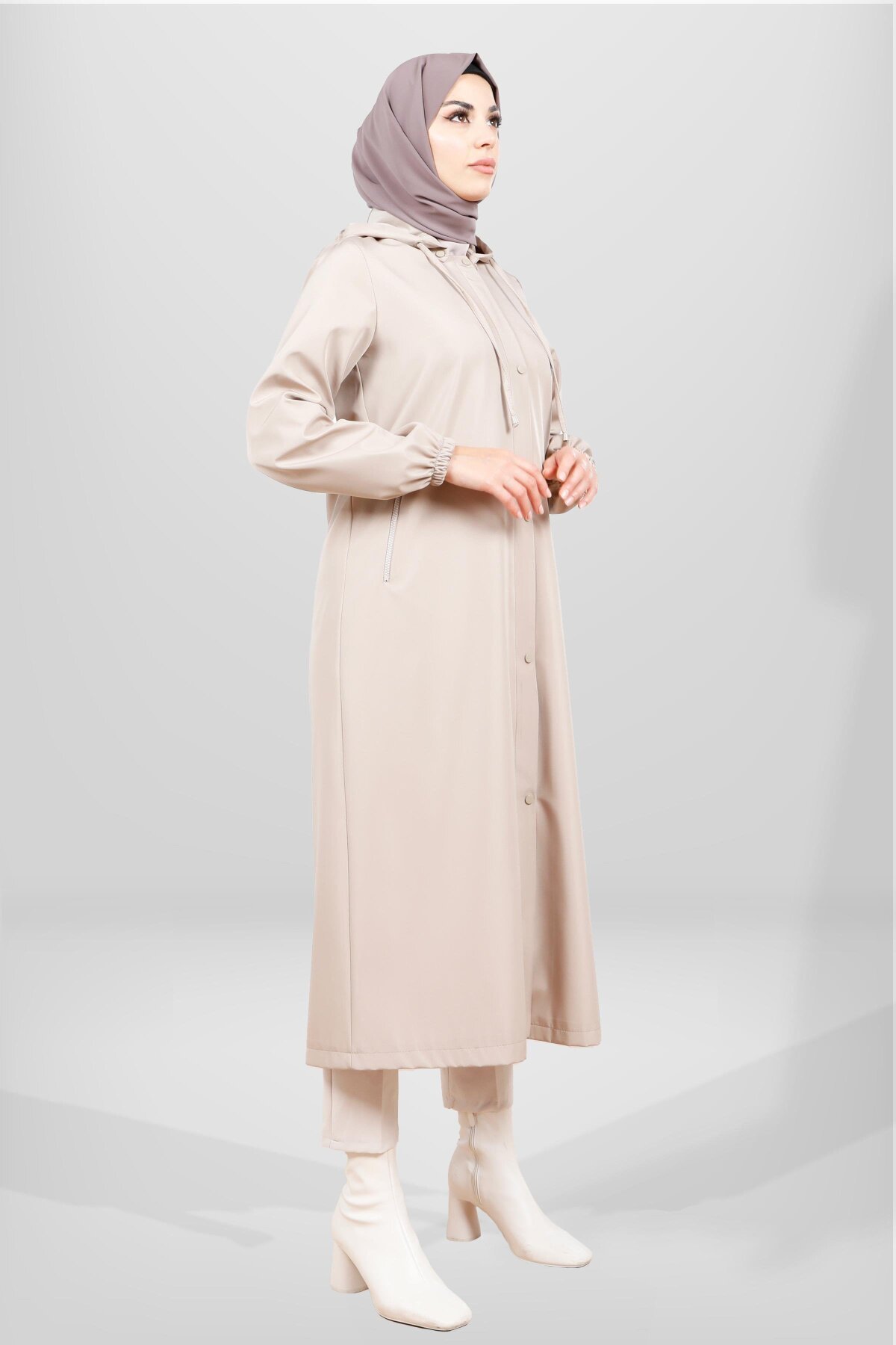 Hooded Snap Closure Raincoat Trench Coat - Beige - Beyza