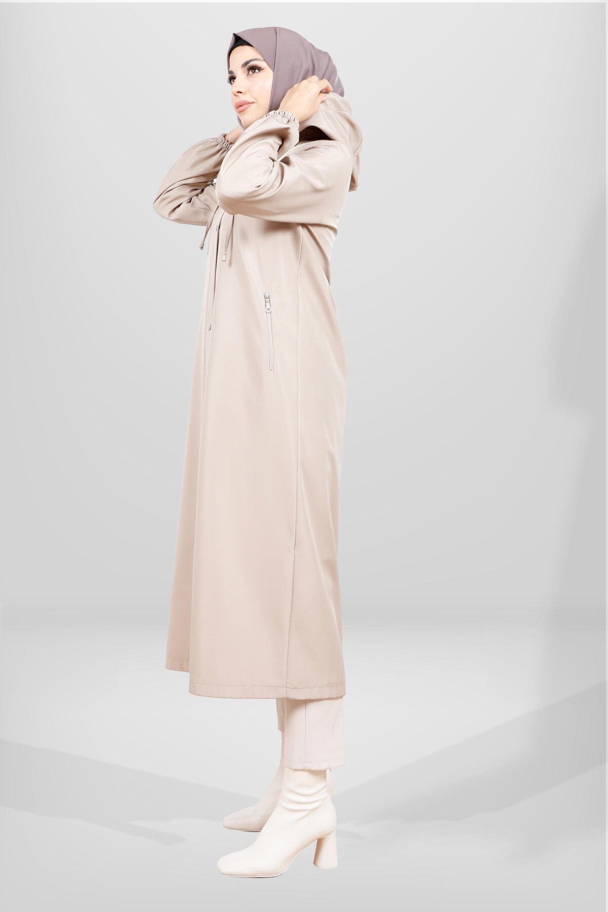 Hooded Snap Closure Raincoat Trench Coat - Beige - Beyza