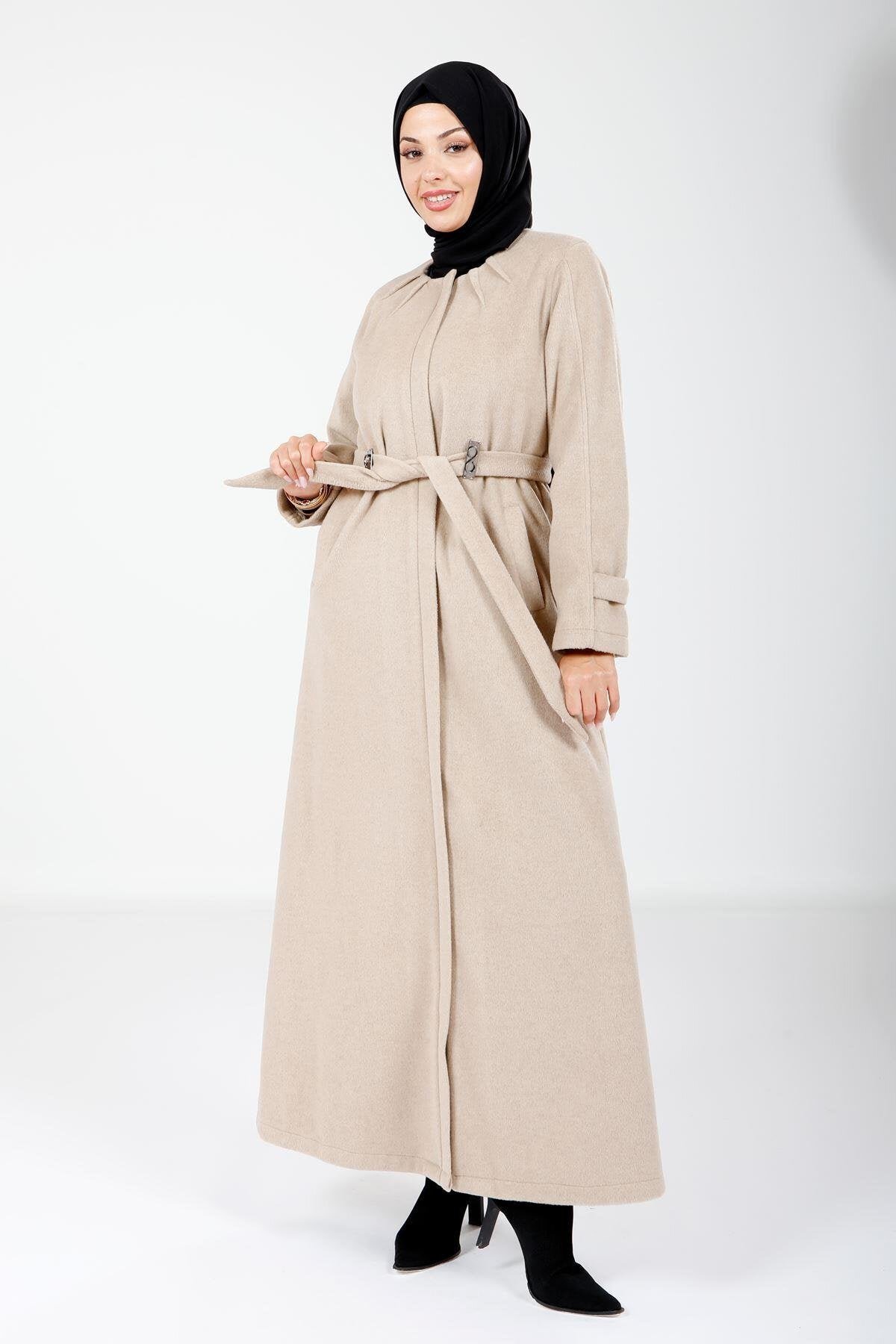 Winter Moscova Belted Modest Coat - Beige - Beyza