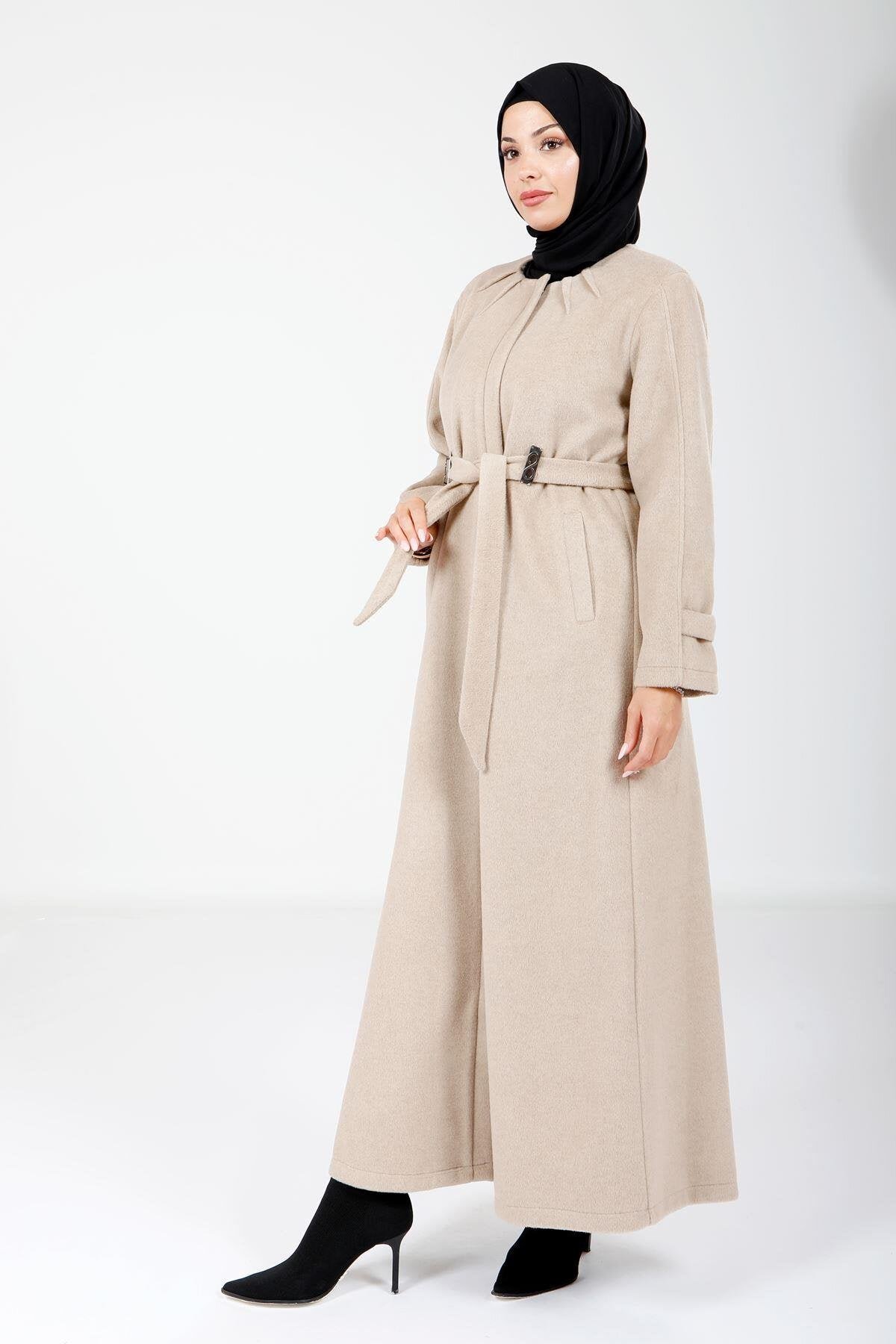 Winter Moscova Belted Modest Coat - Beige - Beyza