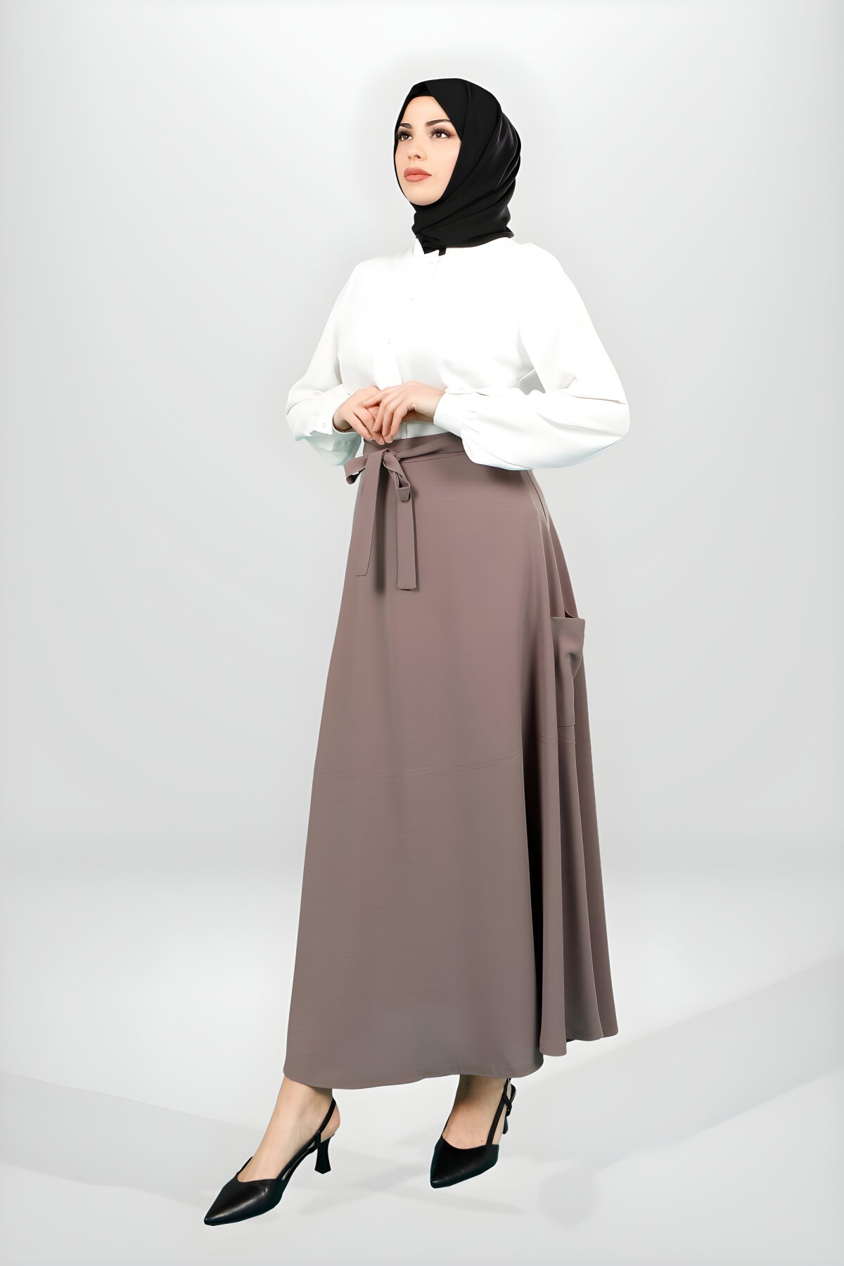 Bej Kloş Kesim Beli Kuşaklı Cep Detaylı Tesettür Etek - Beyza