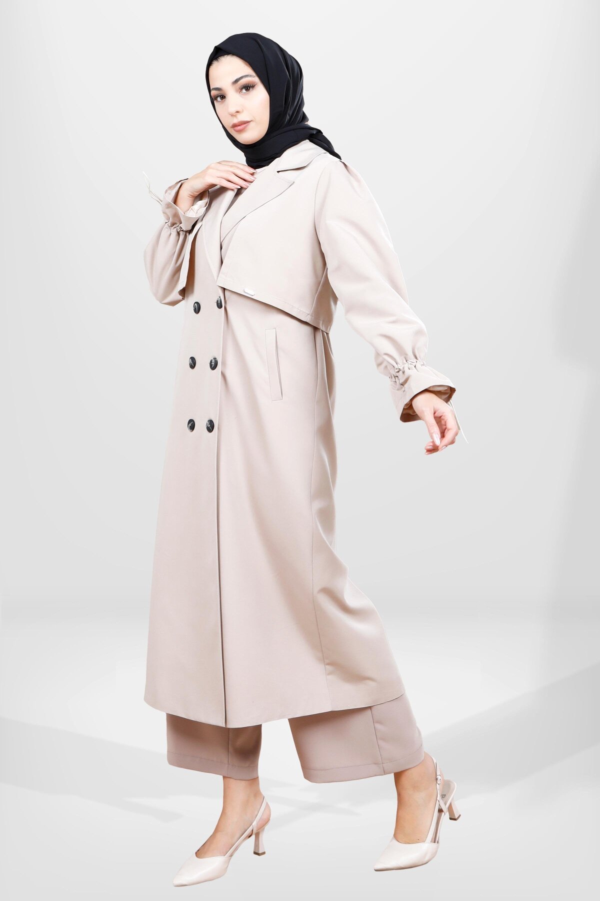 Ruched-Sleeve Back-Detail Trench Coat - Beige - Beyza