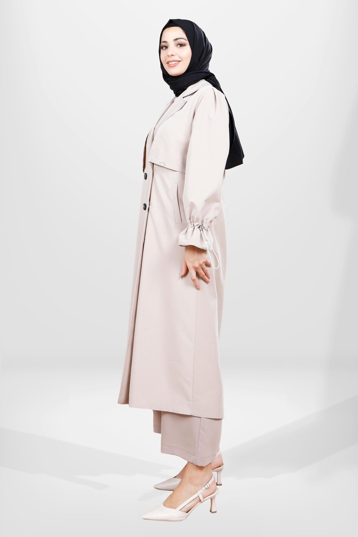 Ruched-Sleeve Back-Detail Trench Coat - Beige - Beyza
