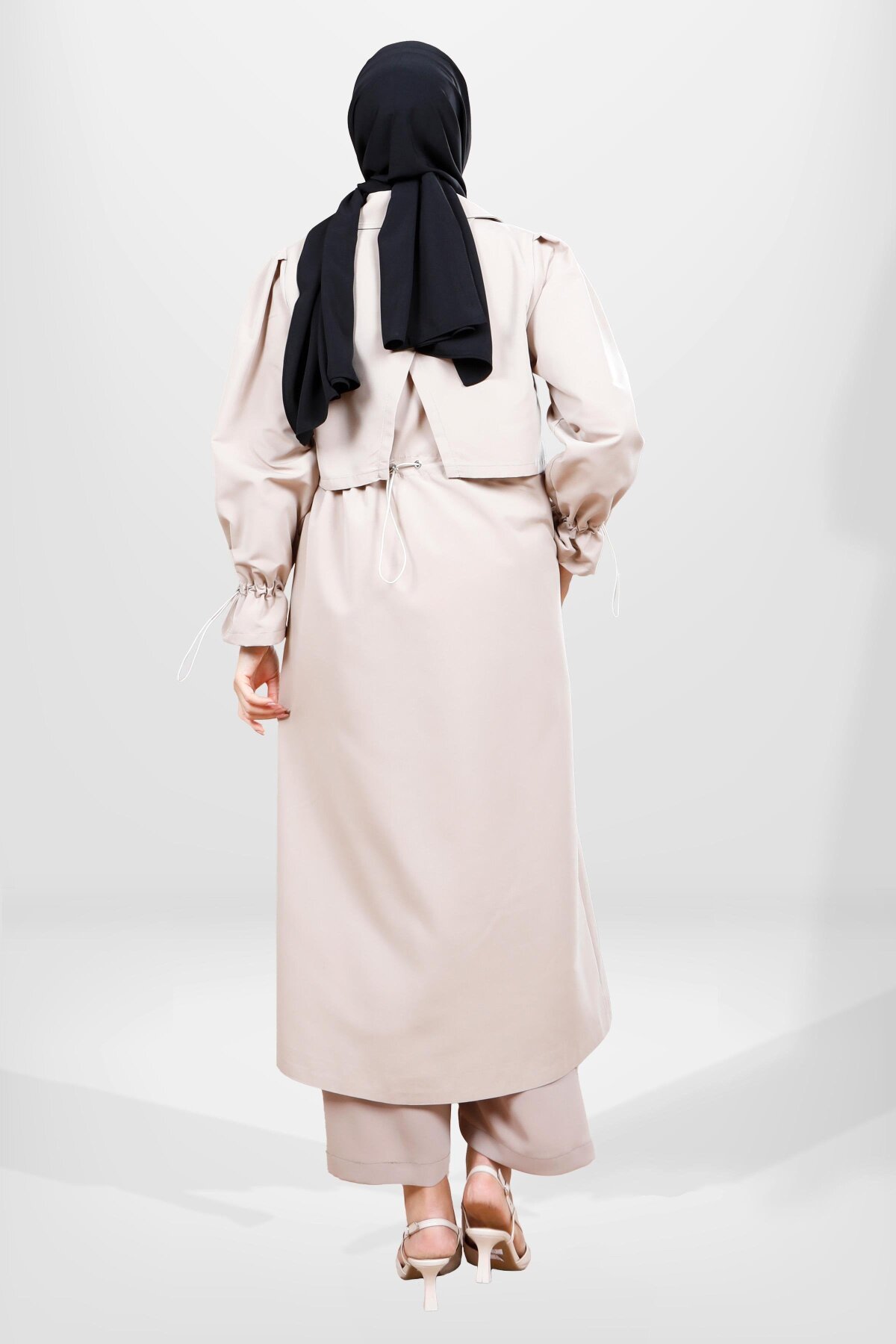 Ruched-Sleeve Back-Detail Trench Coat - Beige - Beyza