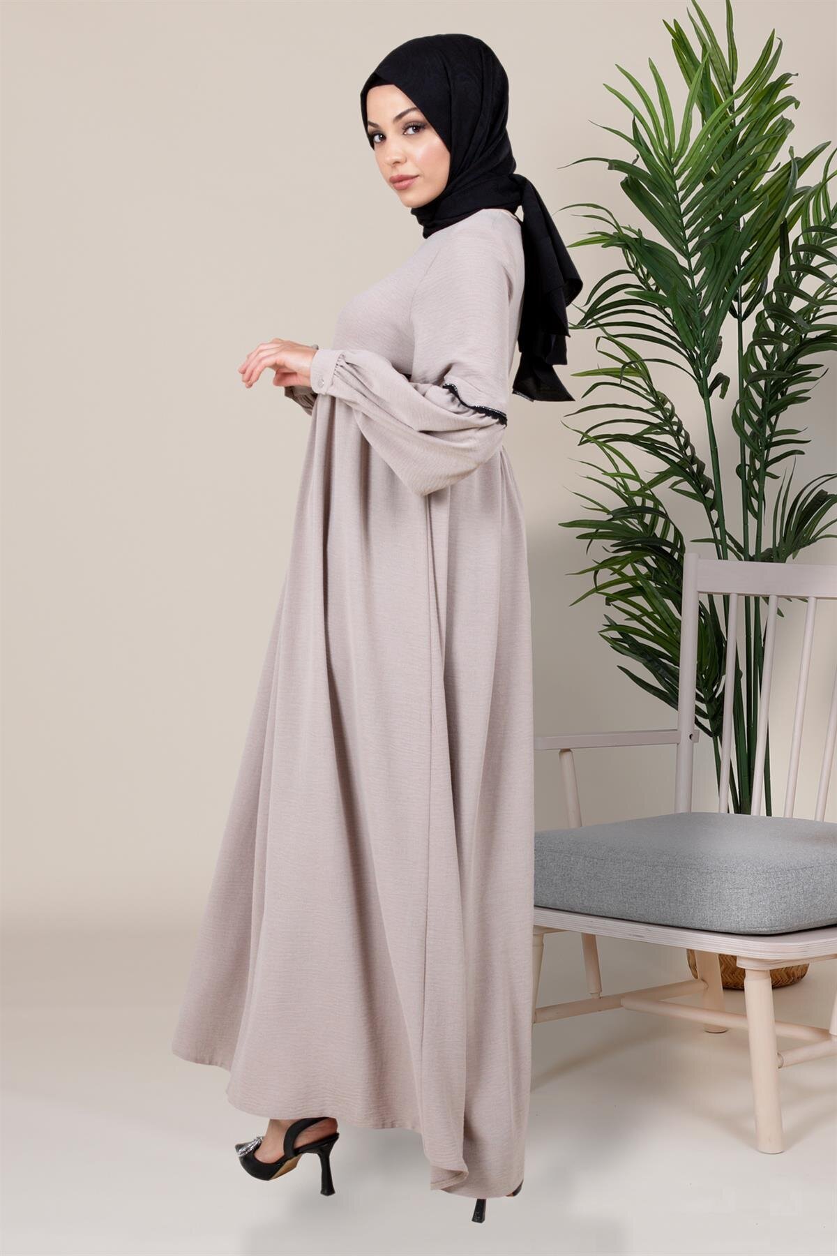 Swan Yoked Stripe-Detail Modest Dress - Beige - Beyza