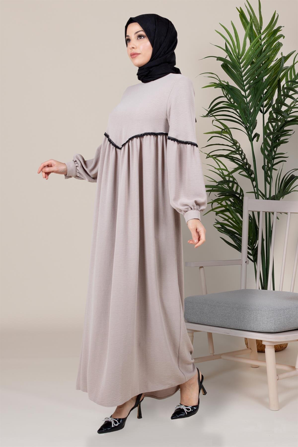 Swan Yoked Stripe-Detail Modest Dress - Beige - Beyza
