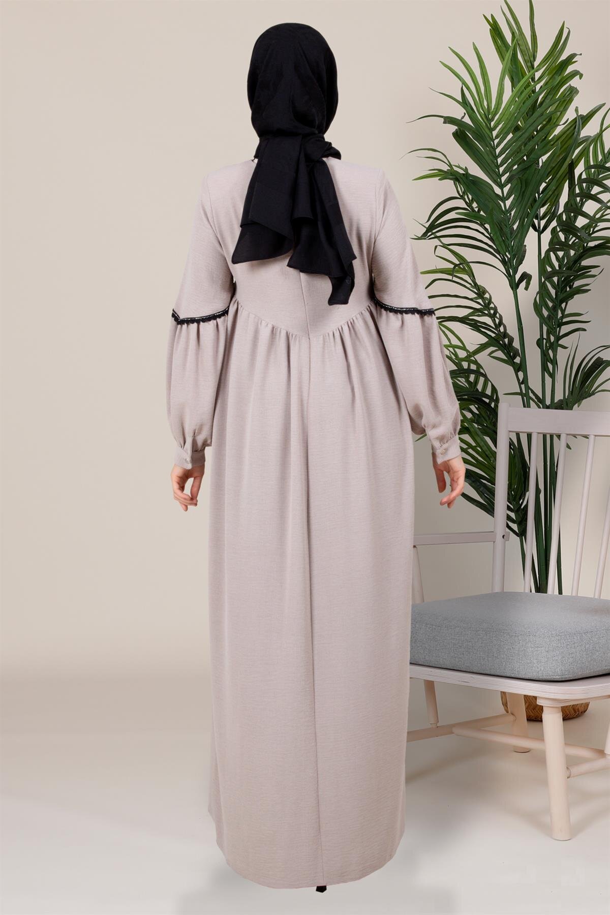 Swan Yoked Stripe-Detail Modest Dress - Beige - Beyza