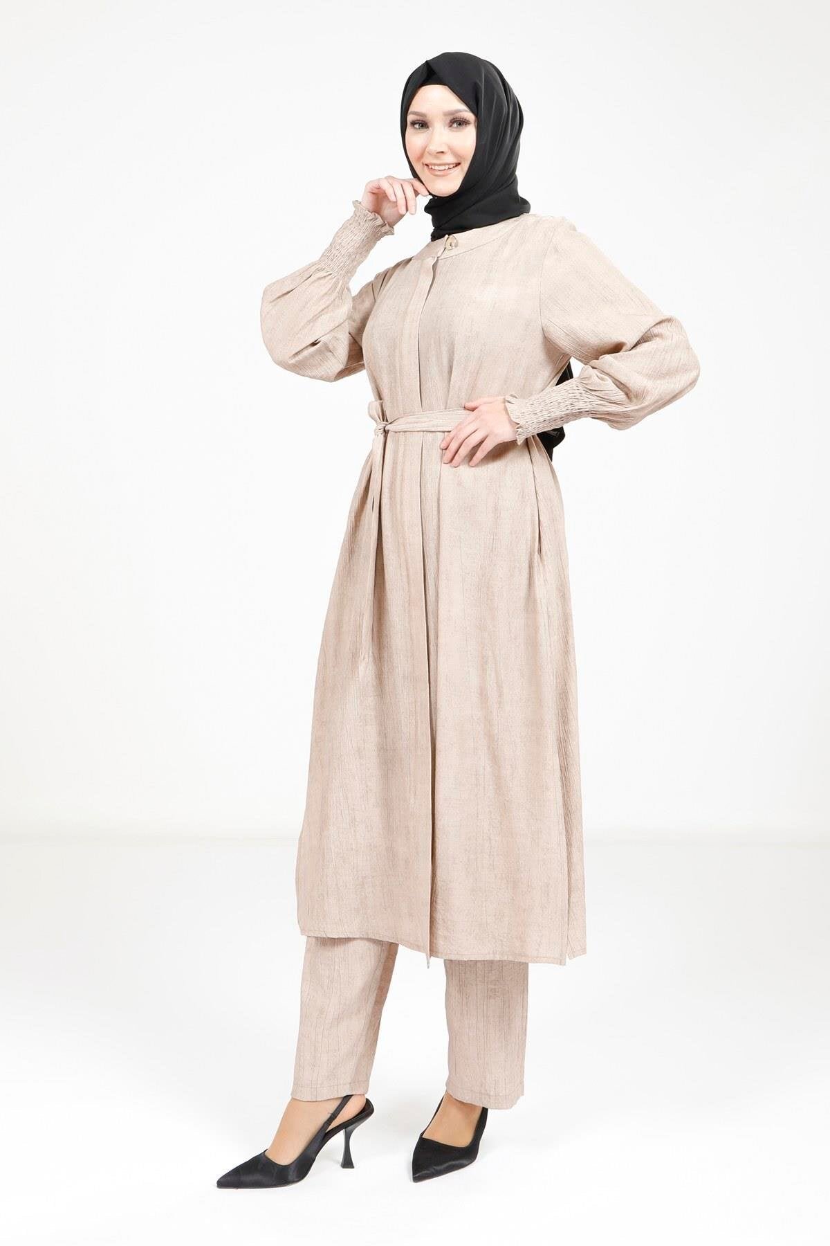Two-Piece Belted Modest Set - Beige - Beyza
