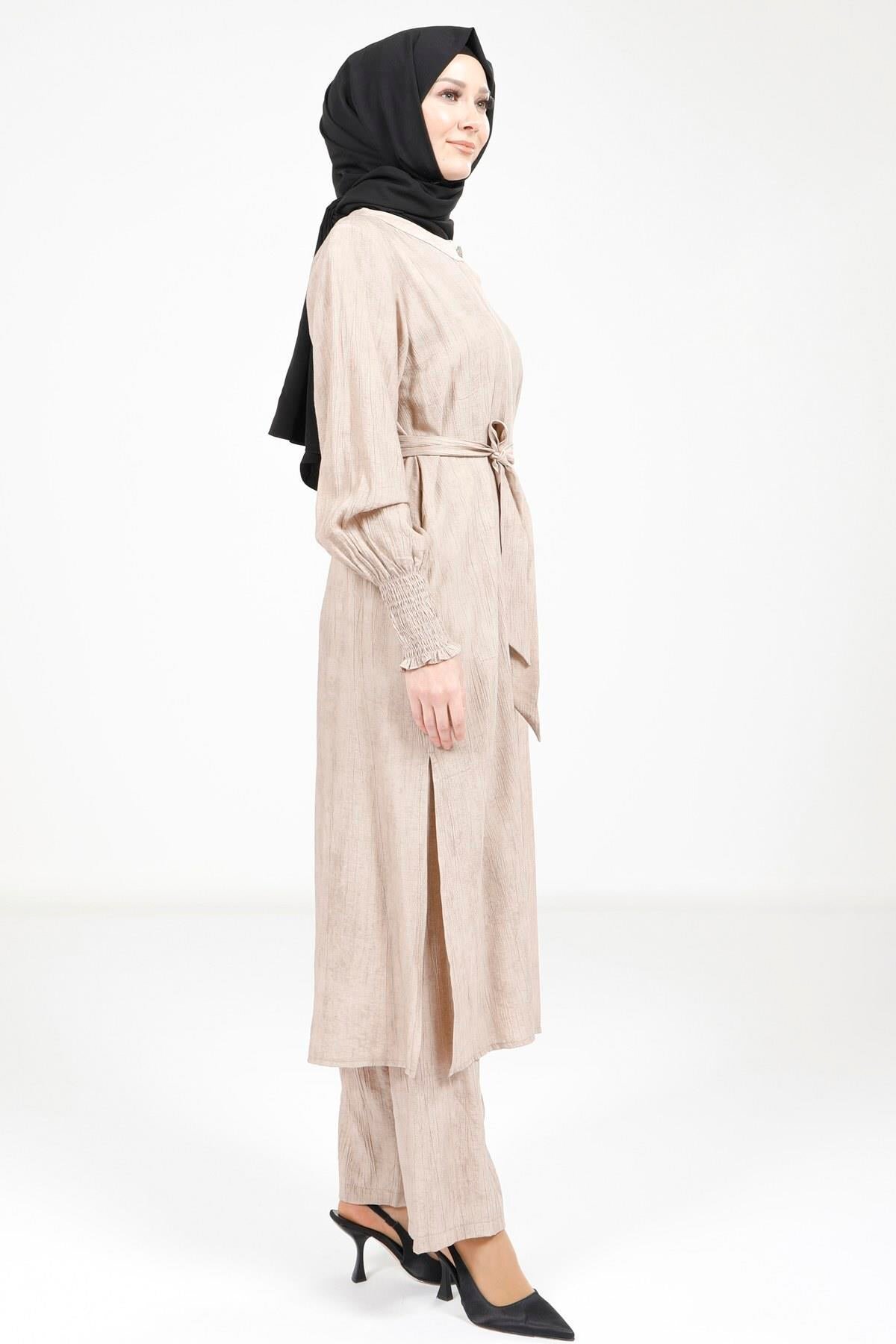 Two-Piece Belted Modest Set - Beige - Beyza