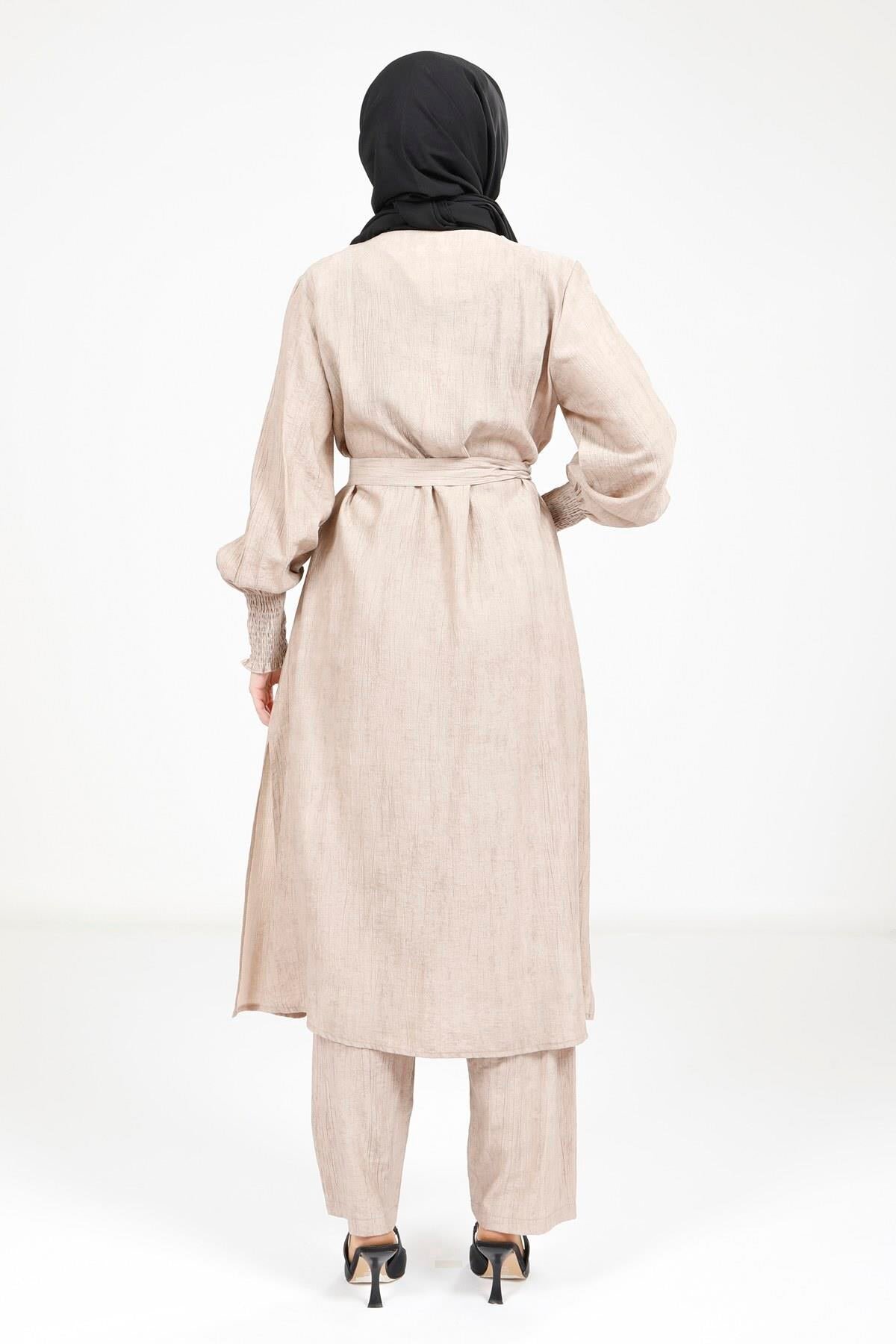 Two-Piece Belted Modest Set - Beige - Beyza