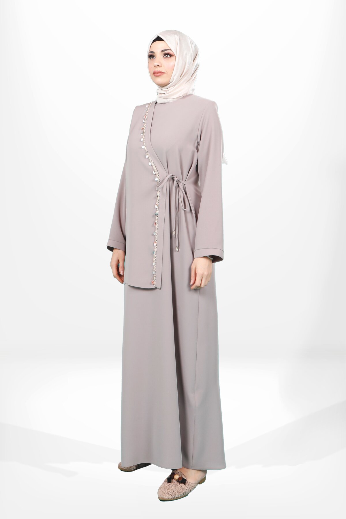 Scalloped-Trim Side-Tie Modest Evening Dress - Beige - Beyza