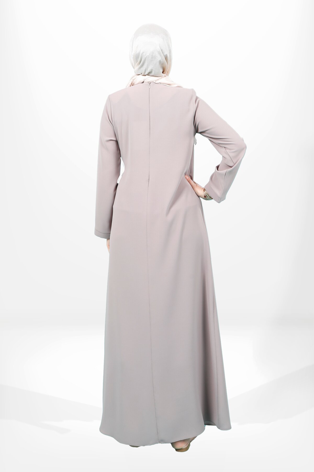 Scalloped-Trim Side-Tie Modest Evening Dress - Beige - Beyza