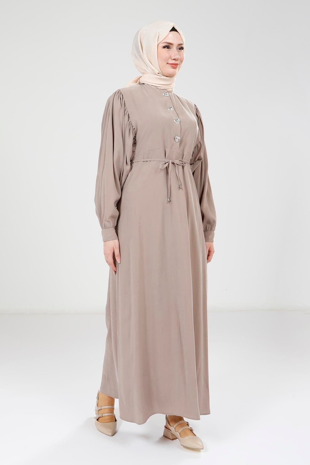 Modal Button-Detailed Modest Dress - Beige - Beyza