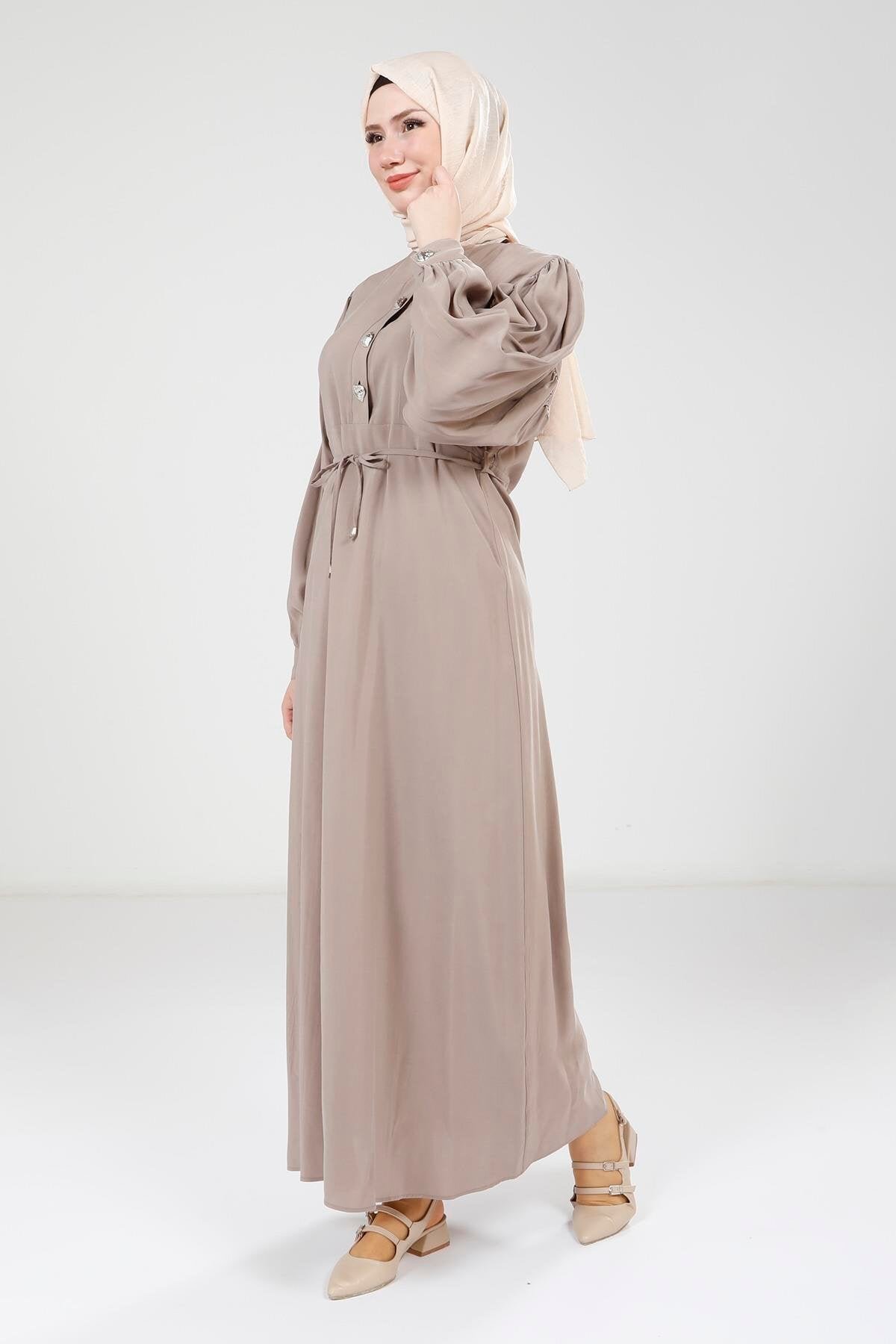 Modal Button-Detailed Modest Dress - Beige - Beyza