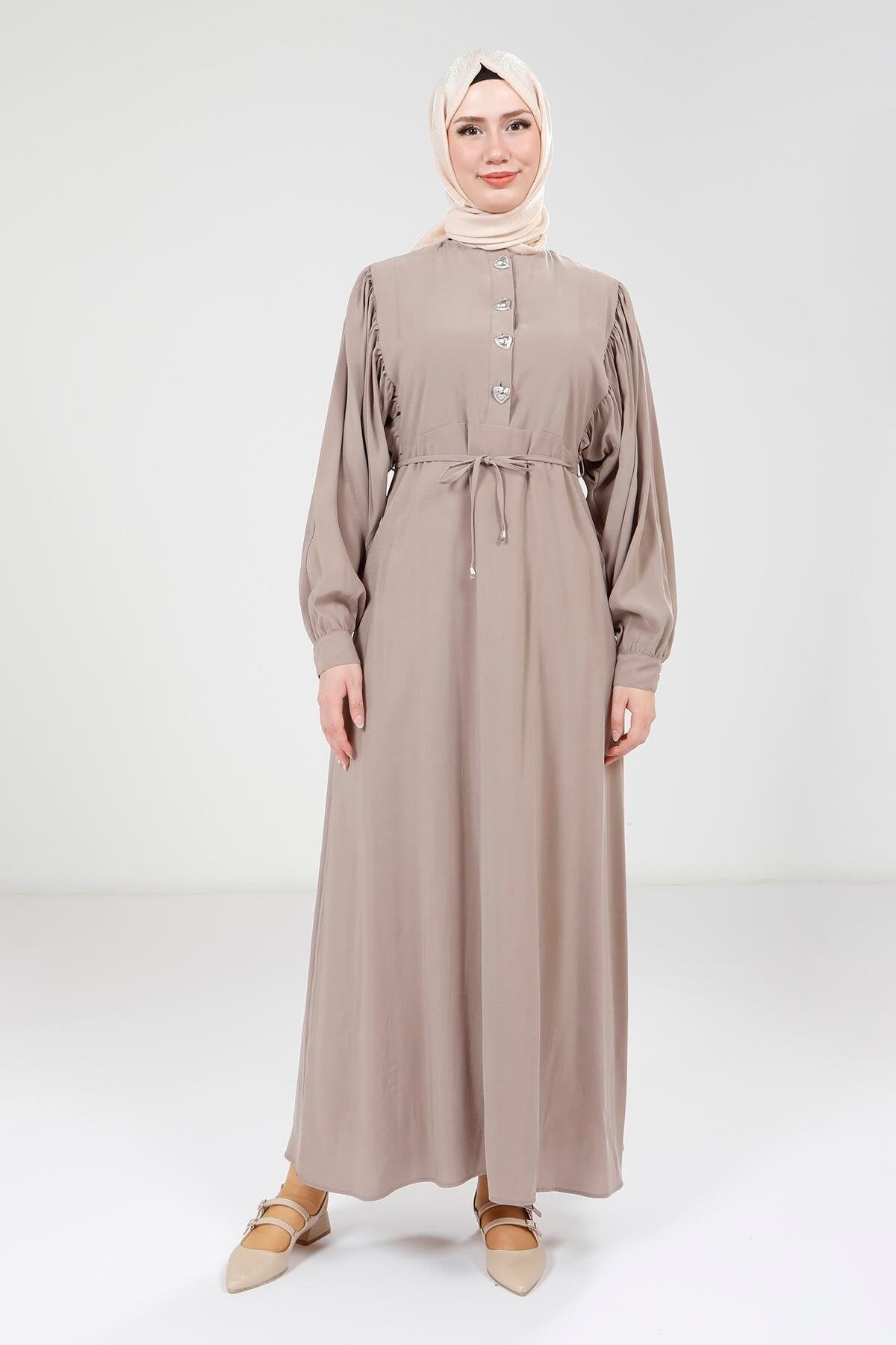 Modal Button-Detailed Modest Dress - Beige - Beyza