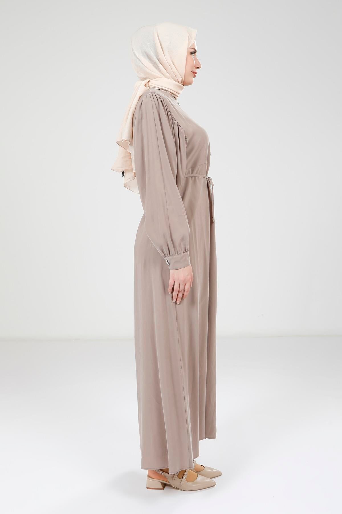 Modal Button-Detailed Modest Dress - Beige - Beyza