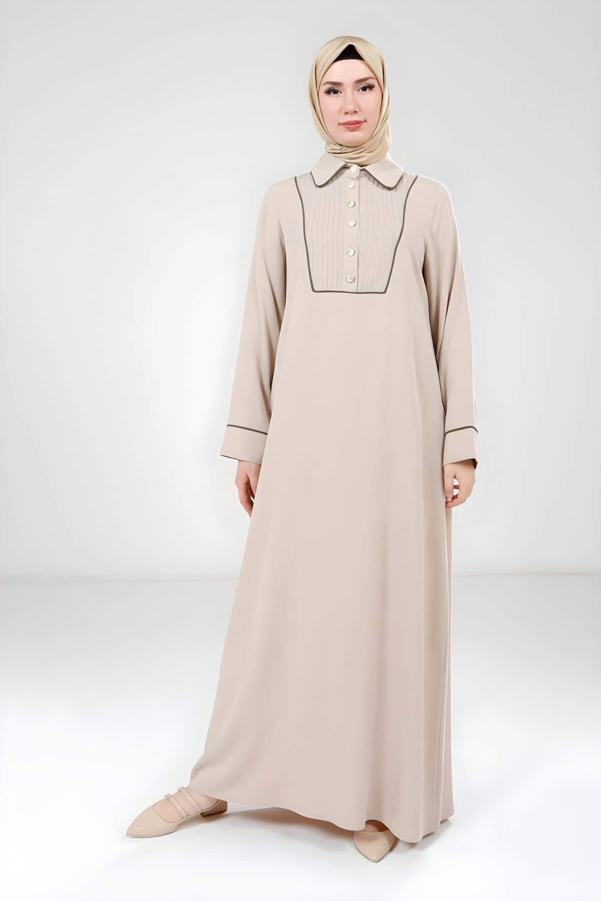 Bej Nervür Detaylı Tesettür Elbise - Beyza