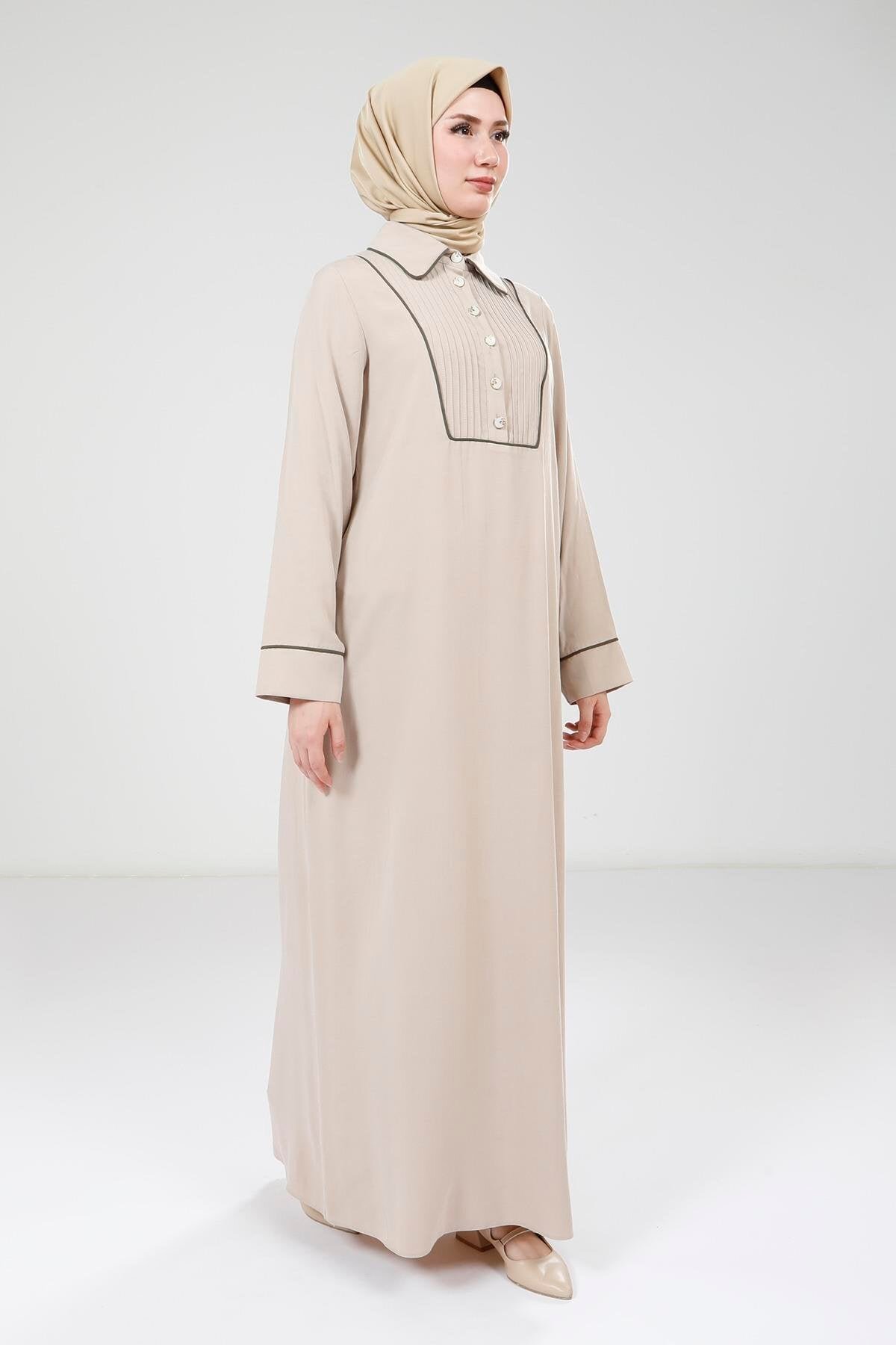 Pintuck Detail Modest Dress - Beige - Beyza