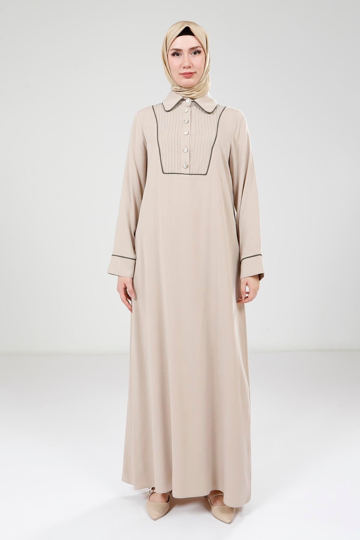 Pintuck Detail Modest Dress - Beige - Beyza