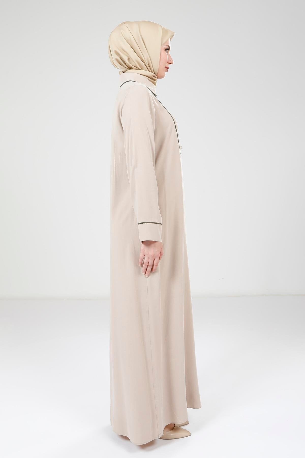 Pintuck Detail Modest Dress - Beige - Beyza