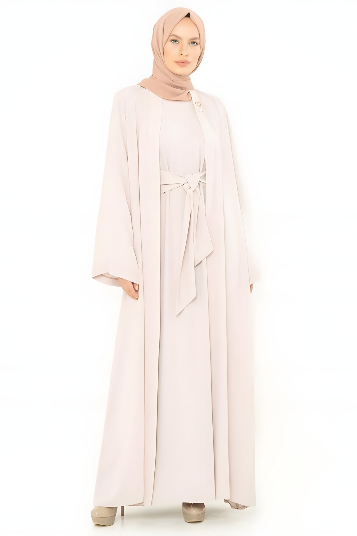 Bej Önü Bağlamalı Geniş Manşet Abaya - Beyza