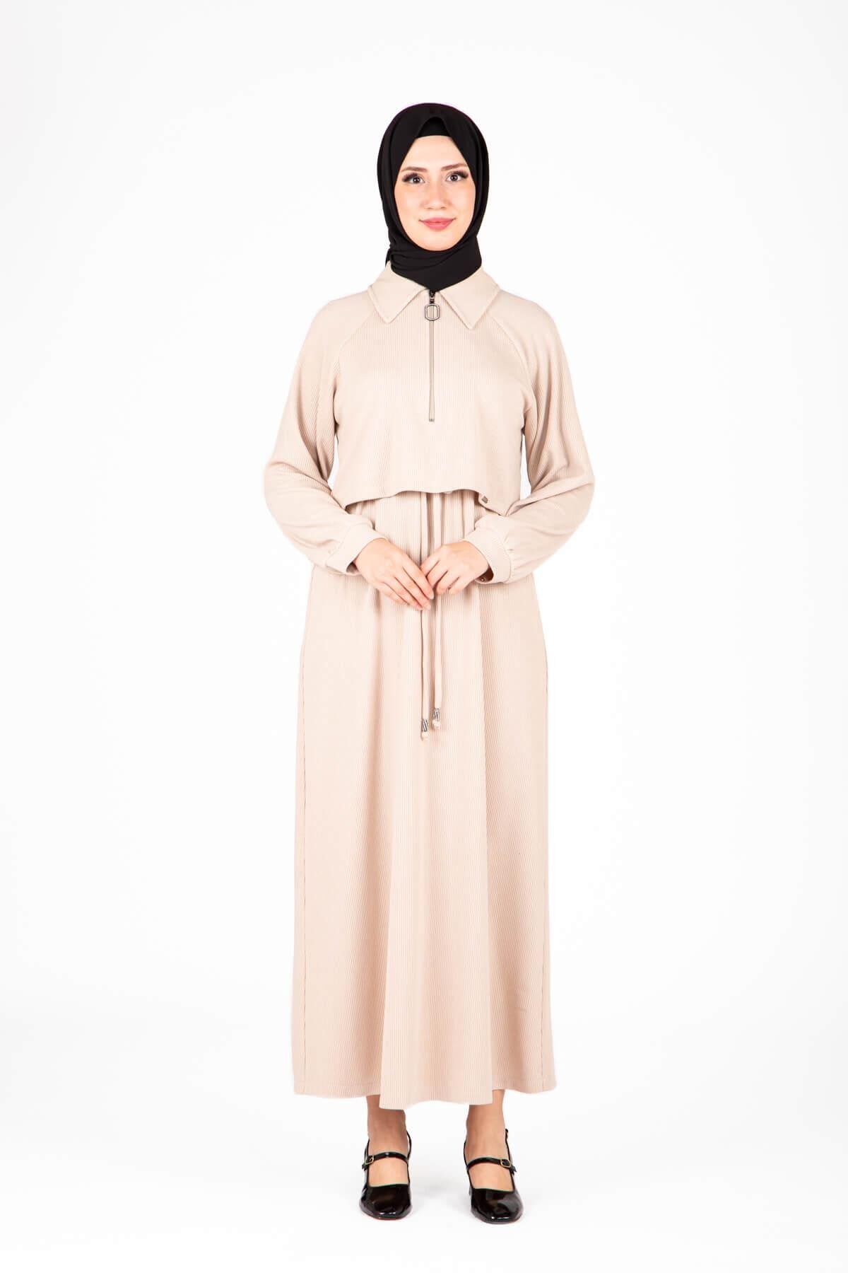 Knitted Modest Front-Zip Dress - Beige - Beyza