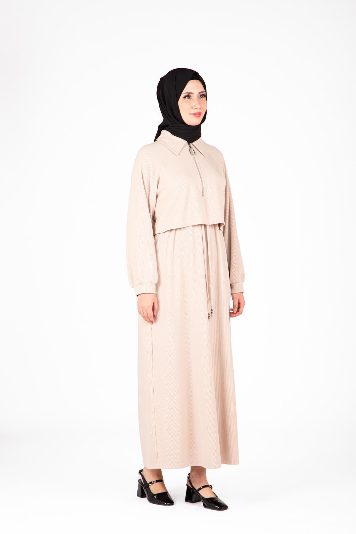 Knitted Modest Front-Zip Dress - Beige - Beyza