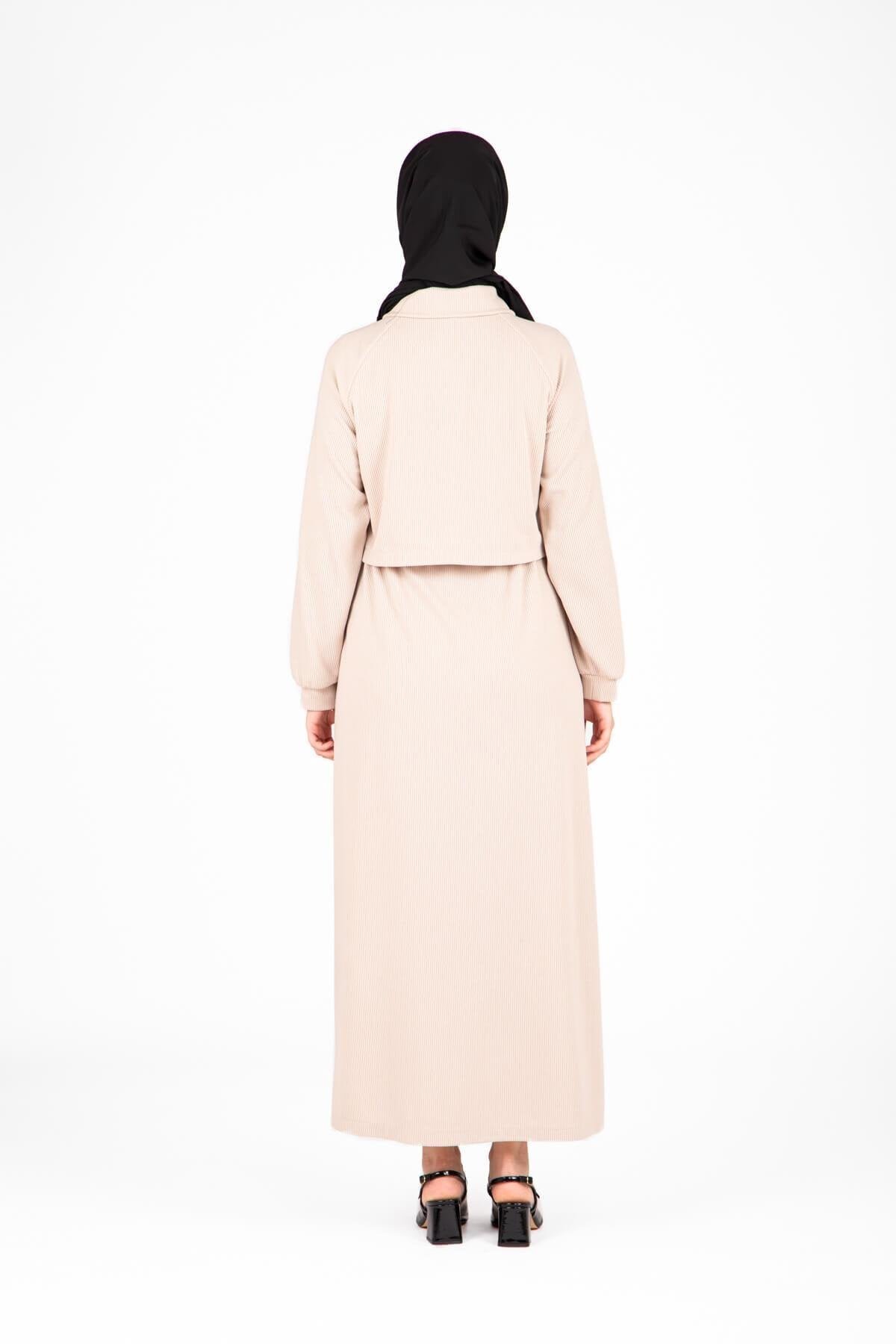 Knitted Modest Front-Zip Dress - Beige - Beyza