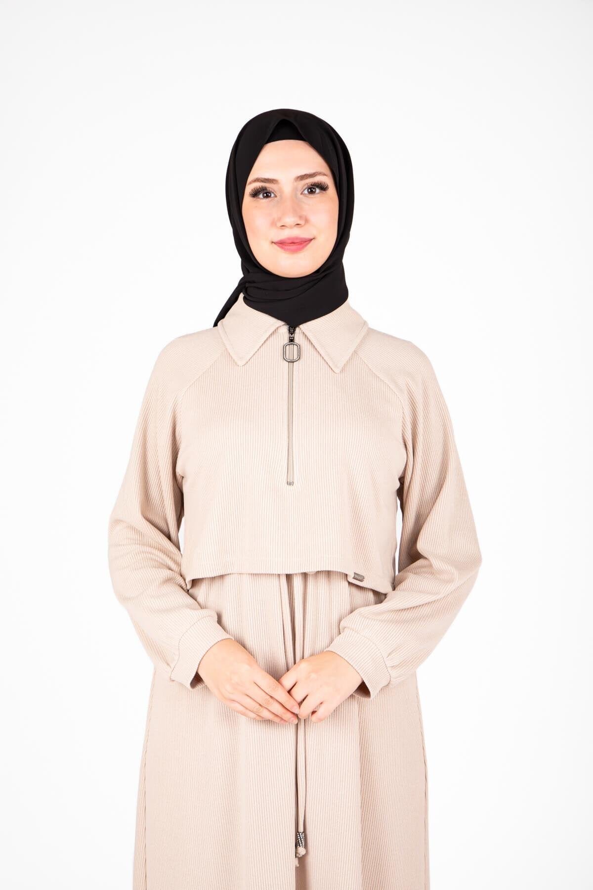 Knitted Modest Front-Zip Dress - Beige - Beyza