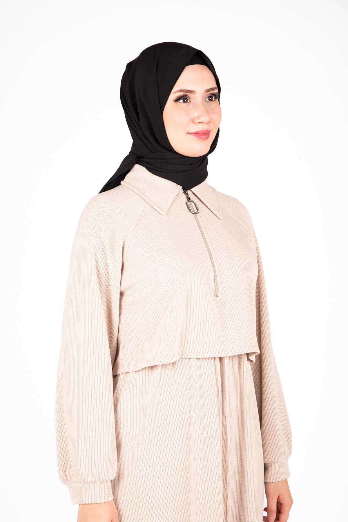 Knitted Modest Front-Zip Dress - Beige - Beyza