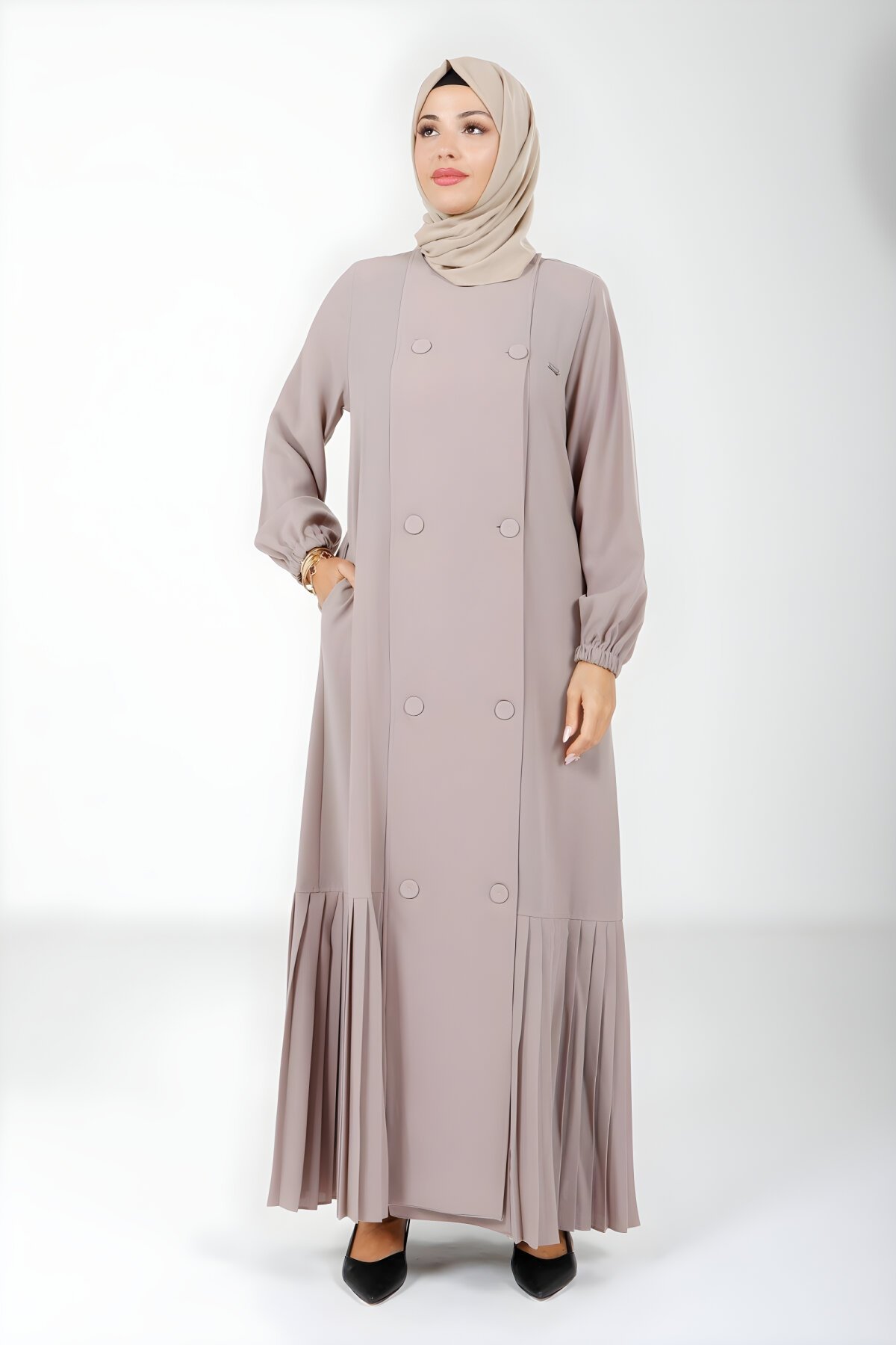 Bej Pliseli Düğmeli Yandan Cepli Ferace - Beyza