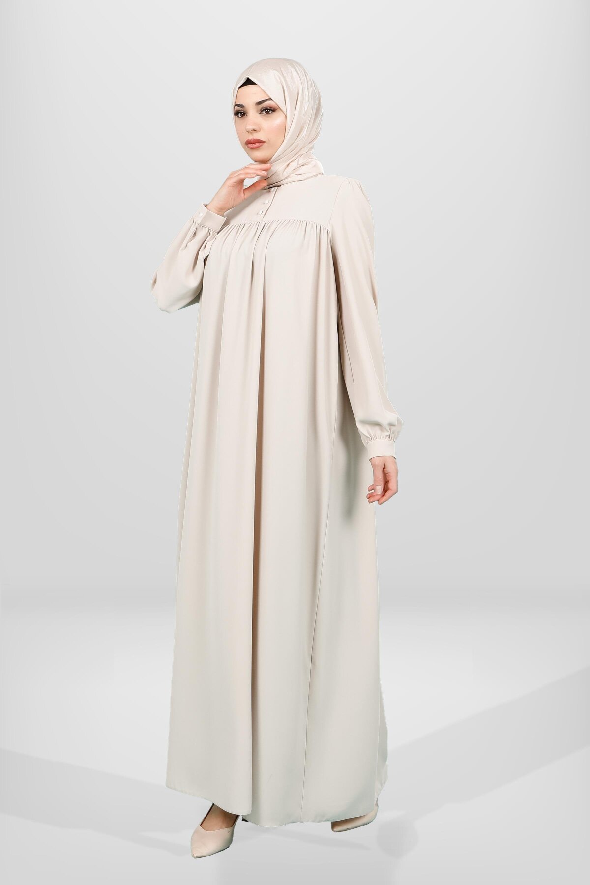 Yoke Cut Buttoned Cuff Modest Dress - Beige - Beyza