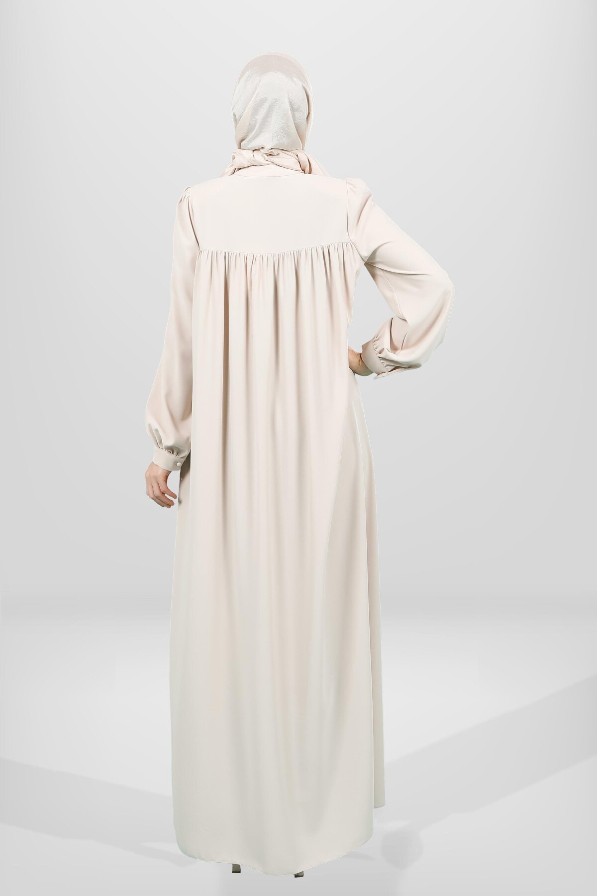 Yoke Cut Buttoned Cuff Modest Dress - Beige - Beyza