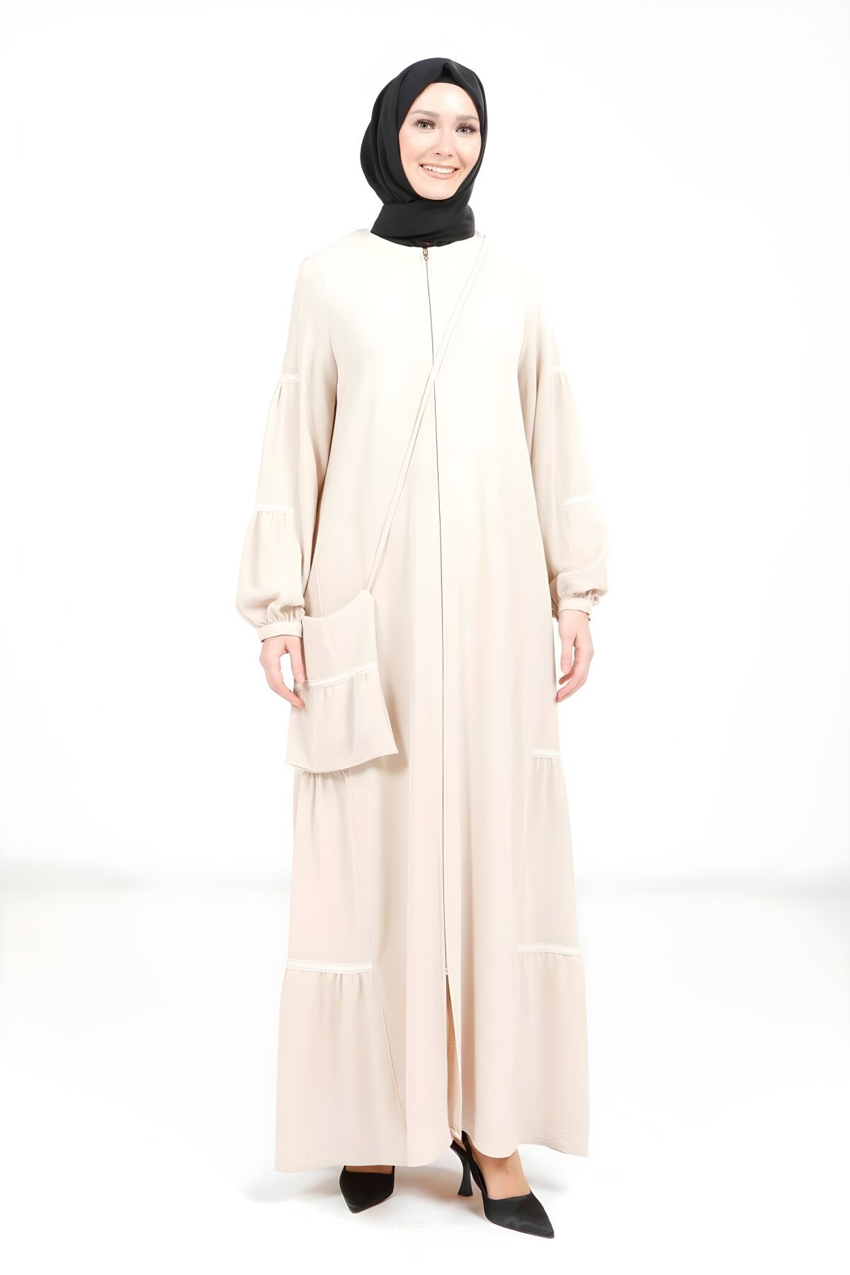 Bej Sinem Şerit Dantelli Seyyar Çantalı Ferace - Beyza