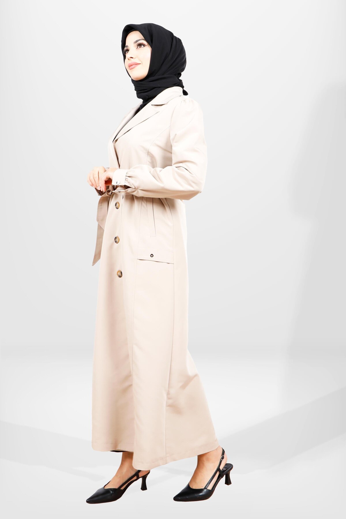 Long Belted Trench Coat - Beige - Beyza