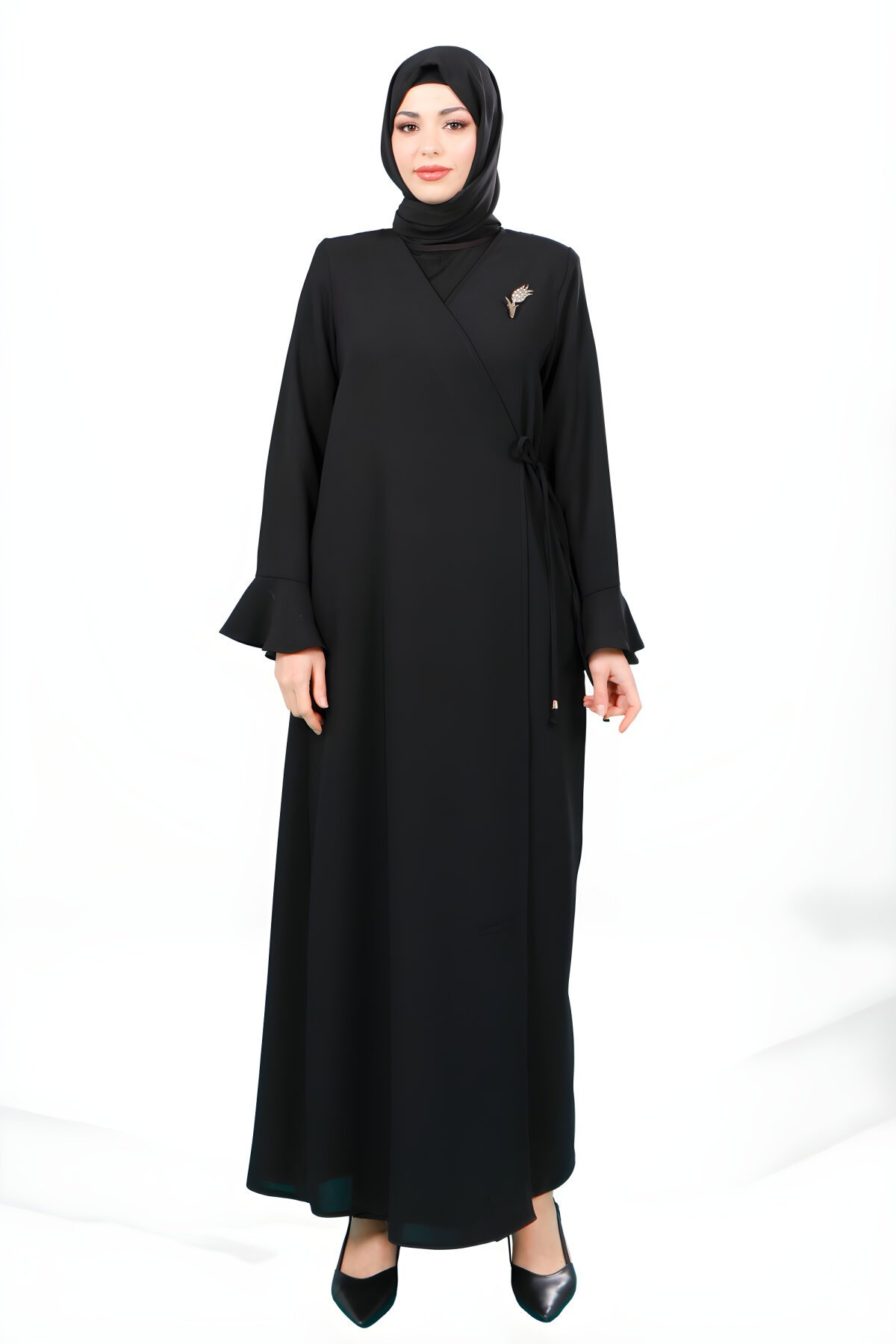 عباية بيج بأكمام فولان وتفاصيل ربط جانبي - Beyza